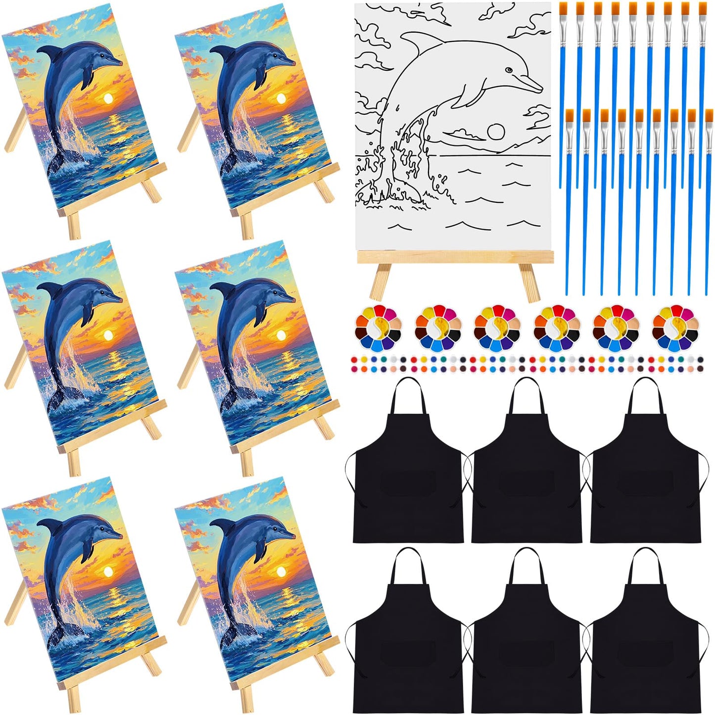 Motipuns 6 Set Pre Drawn Canvas for Painting for Adults Sip and Paint Kit with Easels 8 x 10 Inches Paint Party Kit with Printed Canvas Paints Brushes Palette Apron(Sunset Dolphin)