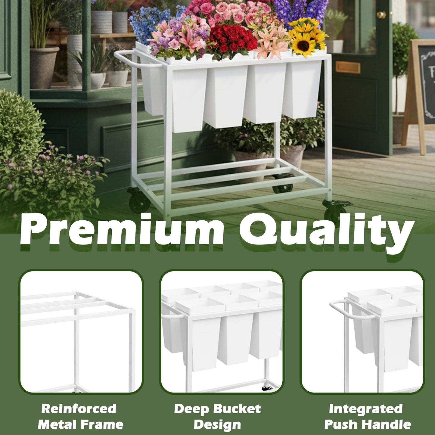 Verssure Flower Cart with 8 Buckets,Flower Cart Display Stand with Wheels,Bloom Bar,Flowers Stand for Wedding ,Party and Home Decor (White)