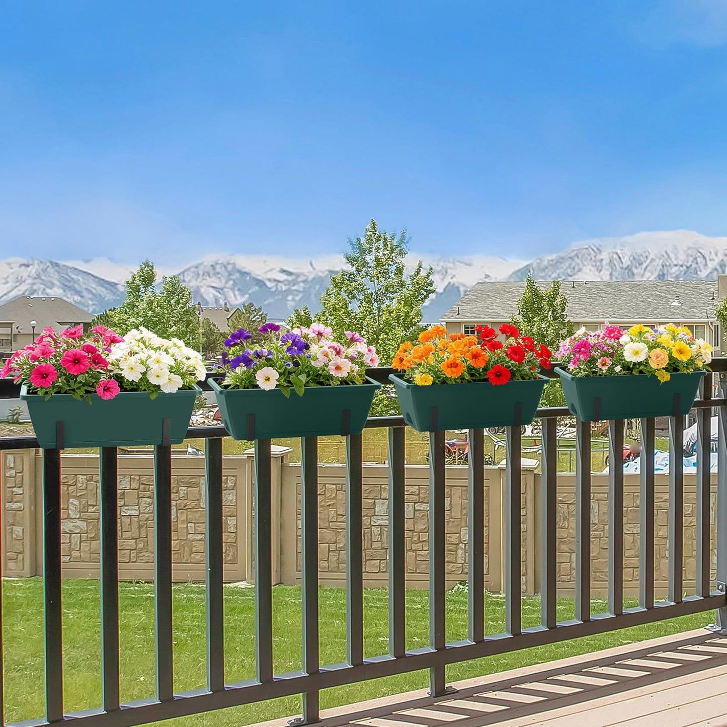CADUKE 4 Pack Railing Planter Box 16.9 Inches Window Flower Boxes with Metal Brackets Balcony Planters Railing Hanging Fence Planter Plastic Outdoor Deck Railing Planter Boxes, Green