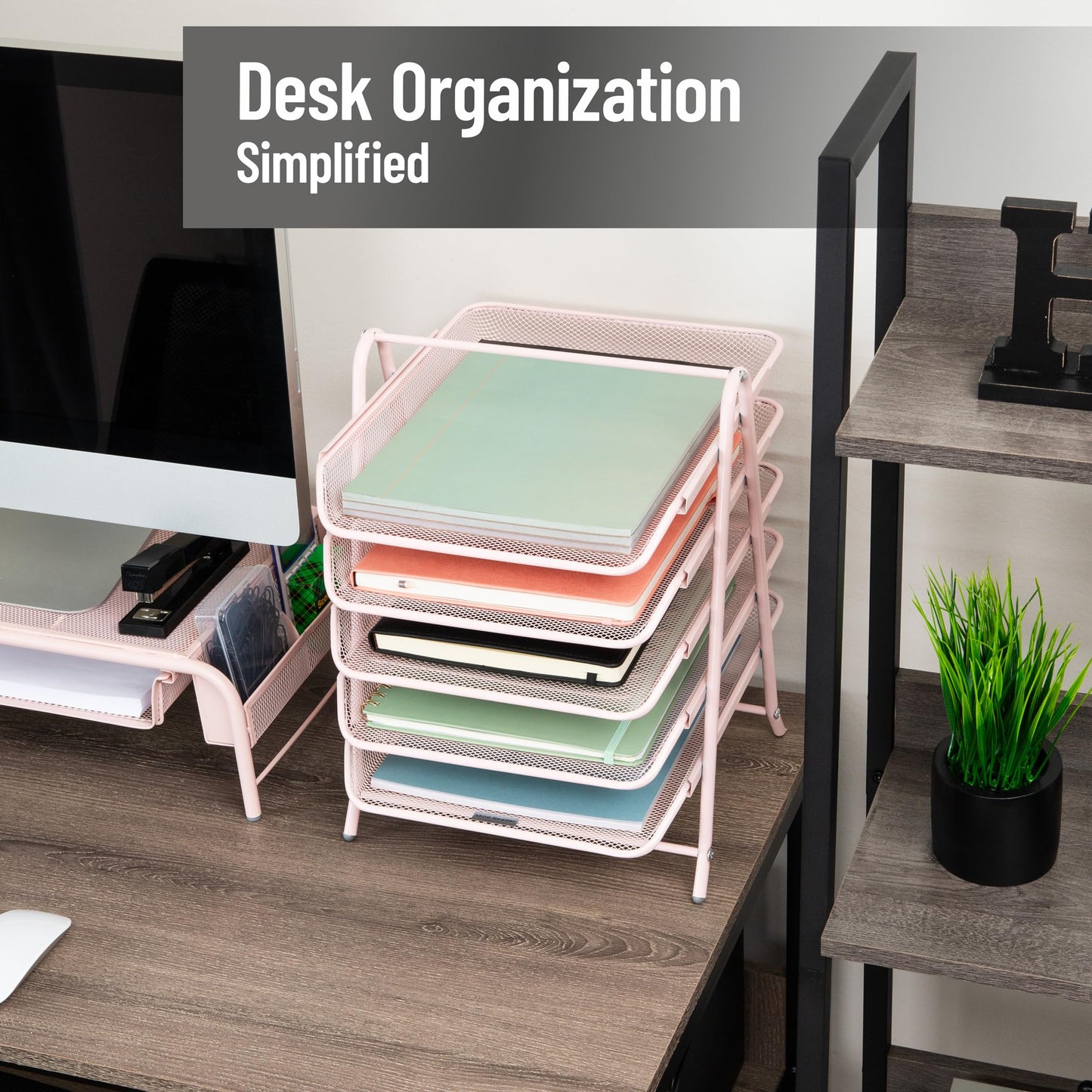 Mind Reader 5-Tier Paper Tray Organizer, Vertical Desktop File Storage Rack, Office, Metal Mesh, Pink