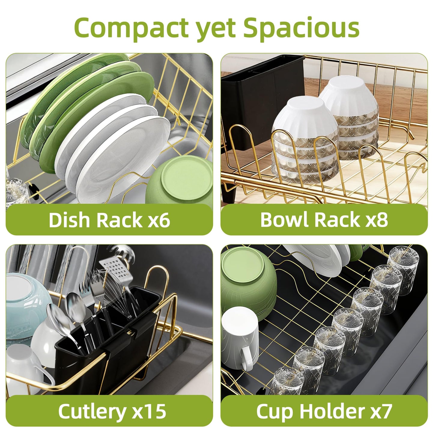 HAYAWEY Golden Expandable Dish Drying Rack-Extra Large Stainless Steel Dish Drainer Over The Sink for Kitchen Countertop with Utensil Holder, Applicable for Sink Width 16'-22' (Gold,23.2'*12.2')