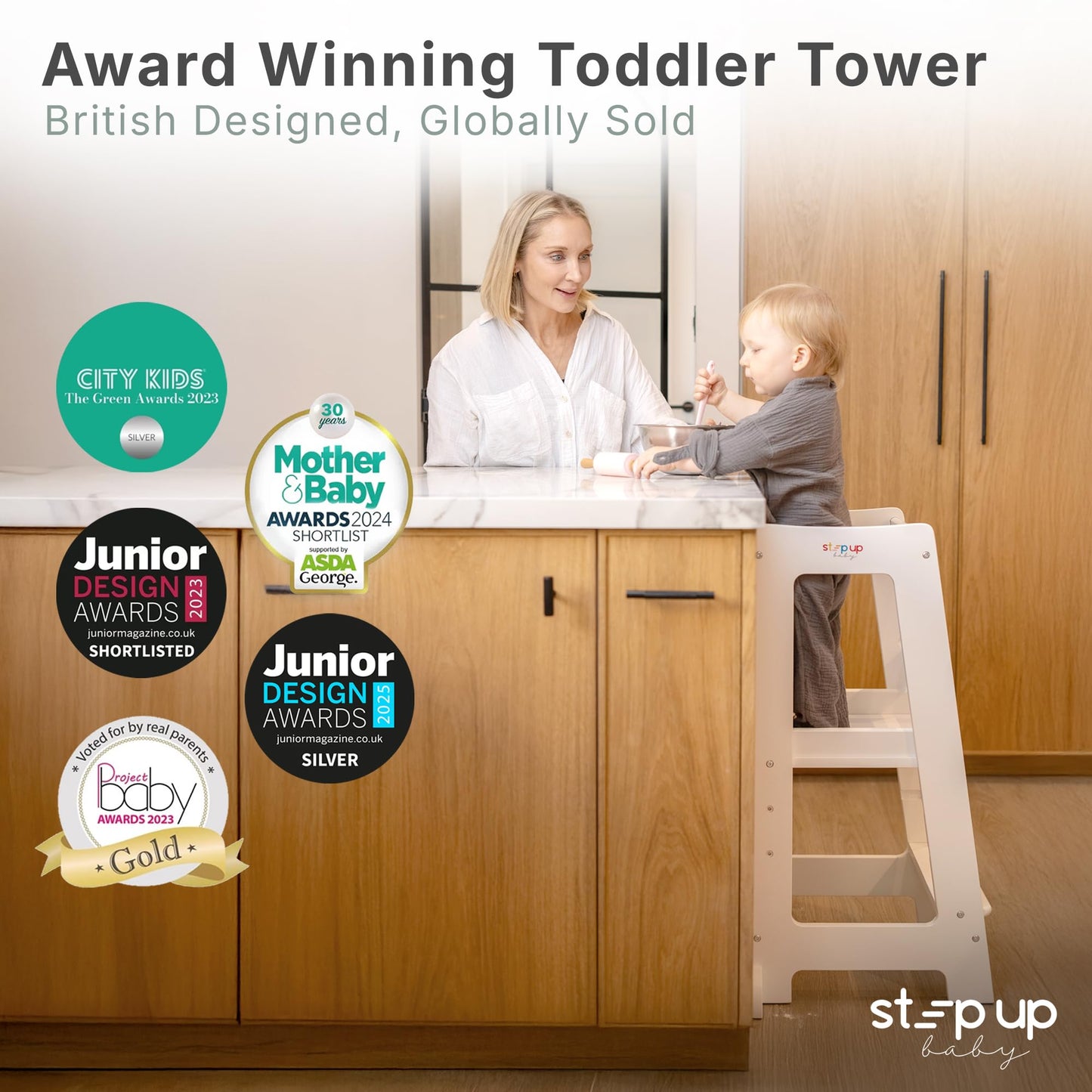 Stepup Baby Toddler Step Stool - Adjustable Height Kids Helper Step Stool, Durable, Non-Slip Platform for Bathroom Sink & Kitchen Counter, Toddler Tower for Exploration and Growth - White