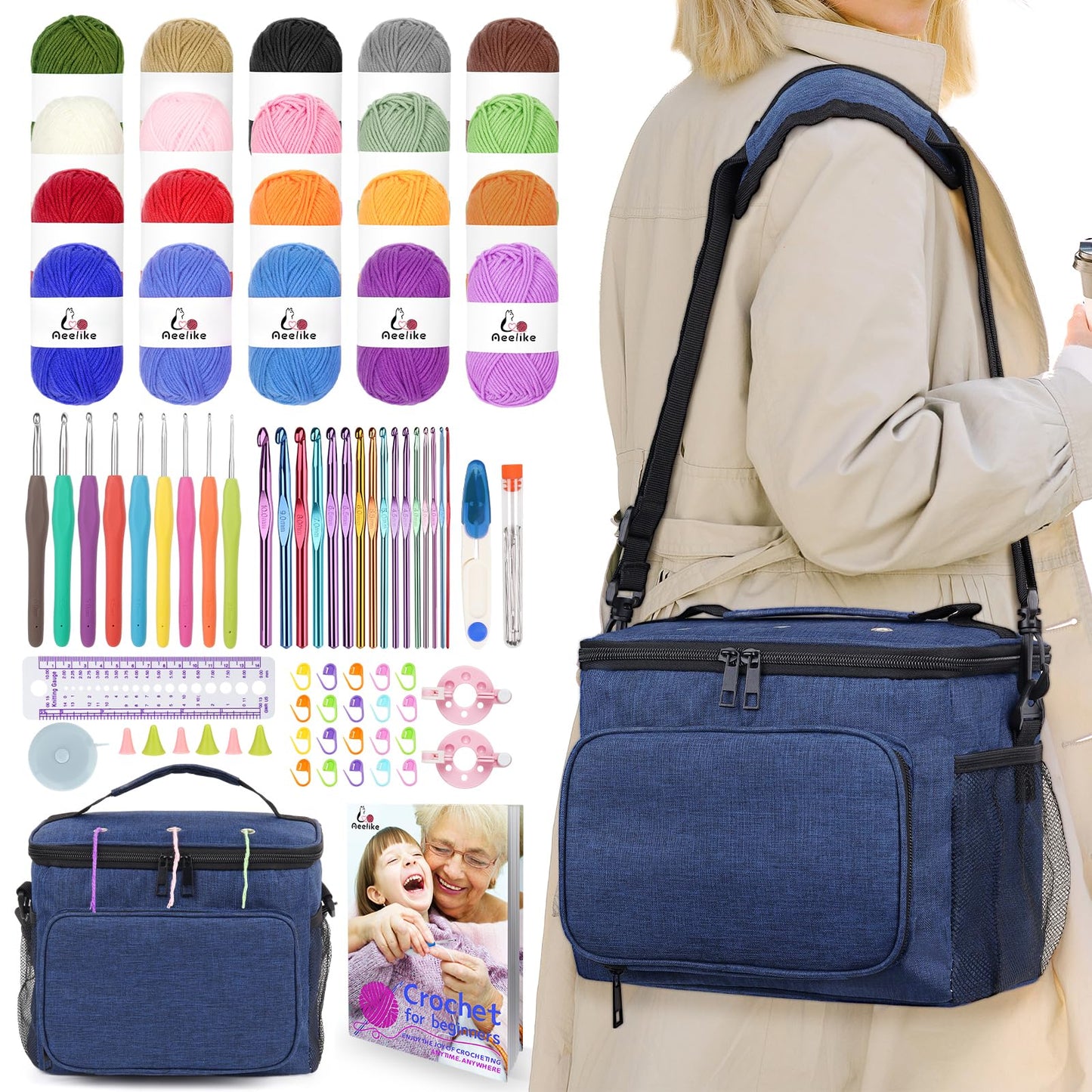 Aeelike Complete Beginner Kit 87PCS, Crochet Kit for Beginners Adults, Navy Portable Yarn Bag, 23 Crochet Hooks,Yarn 20 Colors Skeins, Instruction & Crocheting Accessories