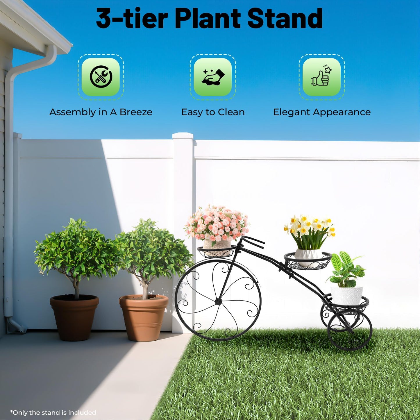 VNUIWDSG Three-wheeled Plant Stand Plant Corner Shelf, Iron Baking Paint Rust-Resistant, 22.05LBS Load 3 Fenced Baskets, Bicycle Design Easy Move, Living Room Garden