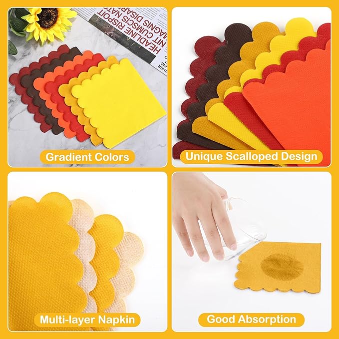 durony 150 Pack Scalloped Napkins 5 x 5 Inch Disposable Paper Napkins Gradient Color Napkins with Scalloped Edges for Dinner Wedding Birthday Party Supplies, Autumn Color