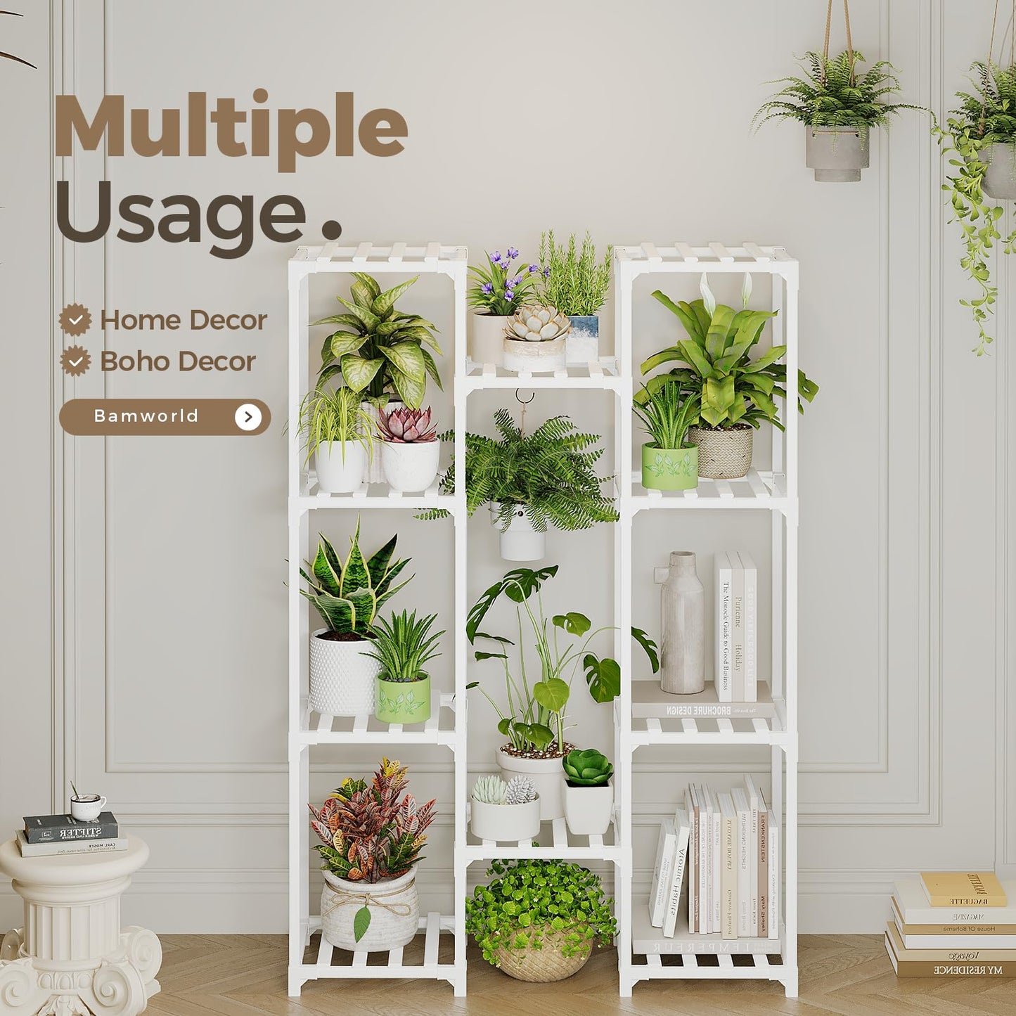 Bamworld White Plant Stand Indoor/Outdoor Ladder Plant Rack, 3 Tiers for 7 Pots, Living Room Boho Decor