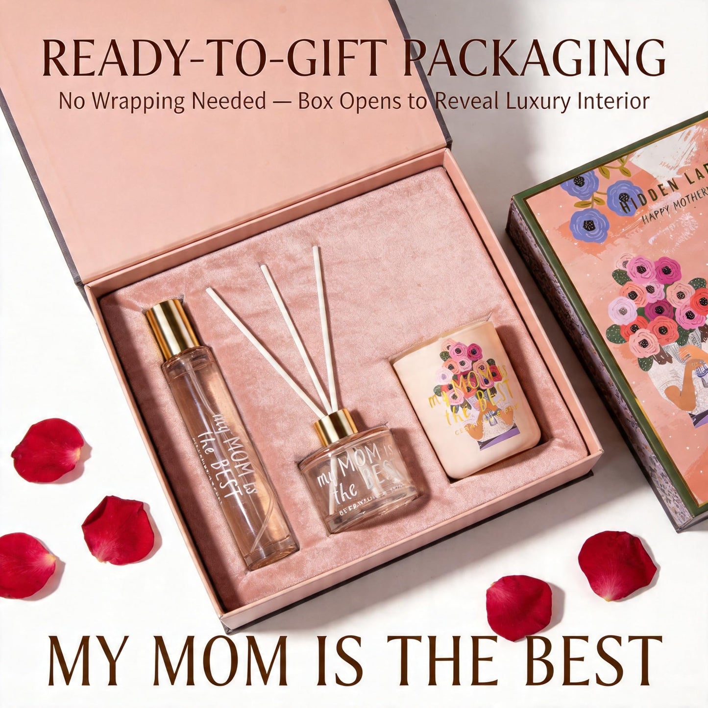 Hidden Label Soy Candle Set: Geranium & Rose 'Best Mom' Gift with Reed Diffuser & Room Spray