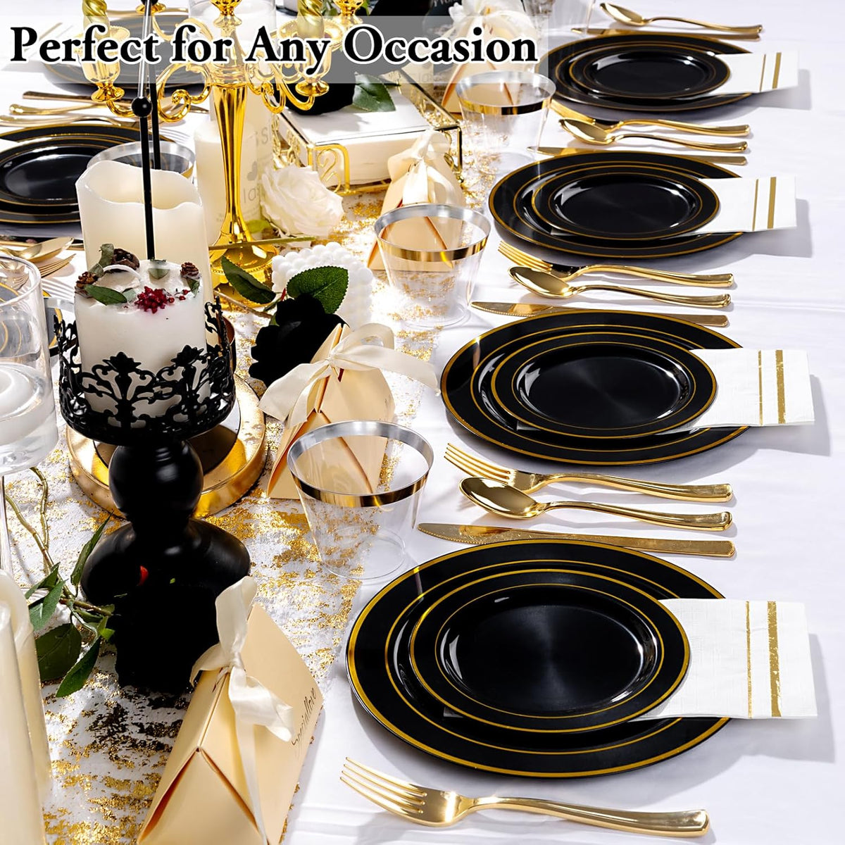GATHER 700PCS Black Plastic Plates - Gold Disposable Plastic Dinnerware Set Include 200 6.3inch/9inch Black Plates, 300 Silverware, 100 Napkins, 100 Cups for Party & Wedding & Halloween
