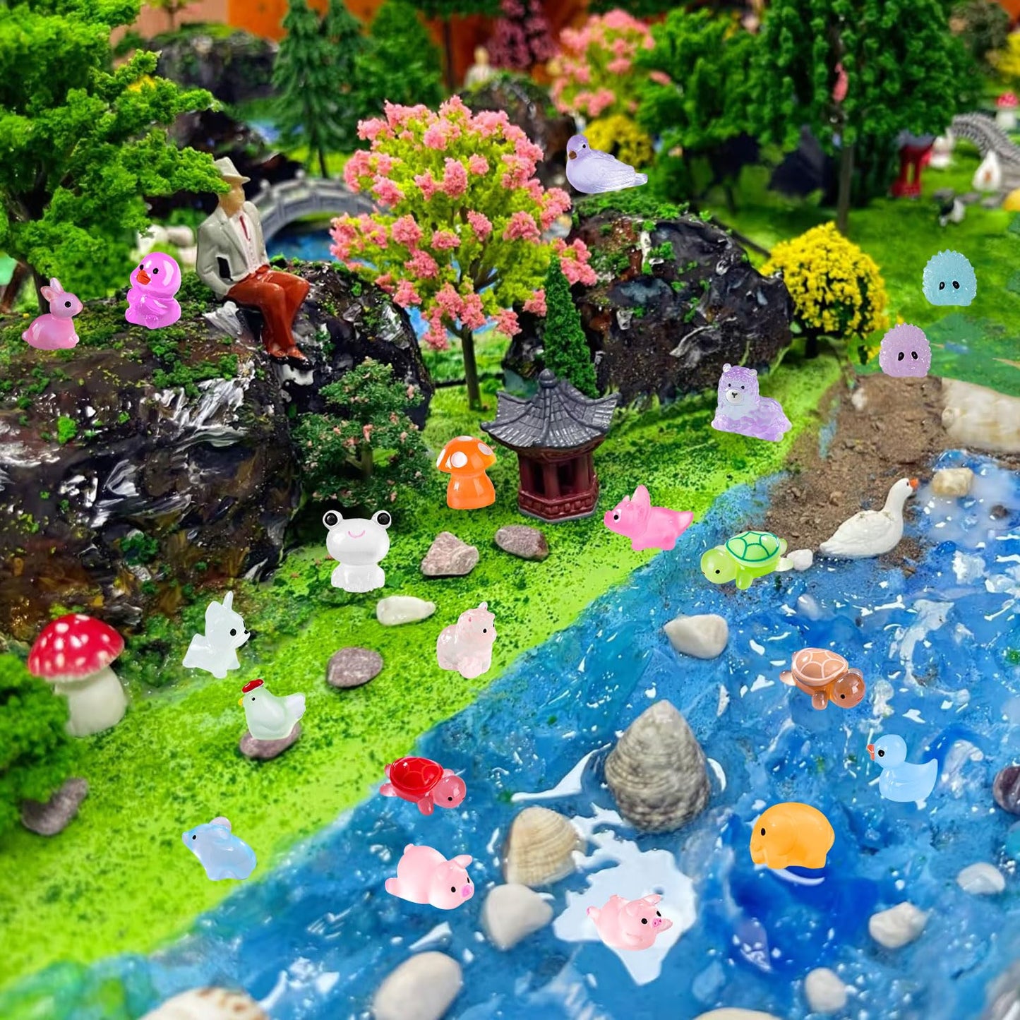 155 Pcs Mini Resin Animals Kit Accessories Variety Pack Glow Animal Figurines Resin Mini Ducks Alpacas Figurines Accessories for Variety Pack for Garden Micro Landscape Aquarium Potted Dollhouse Decor