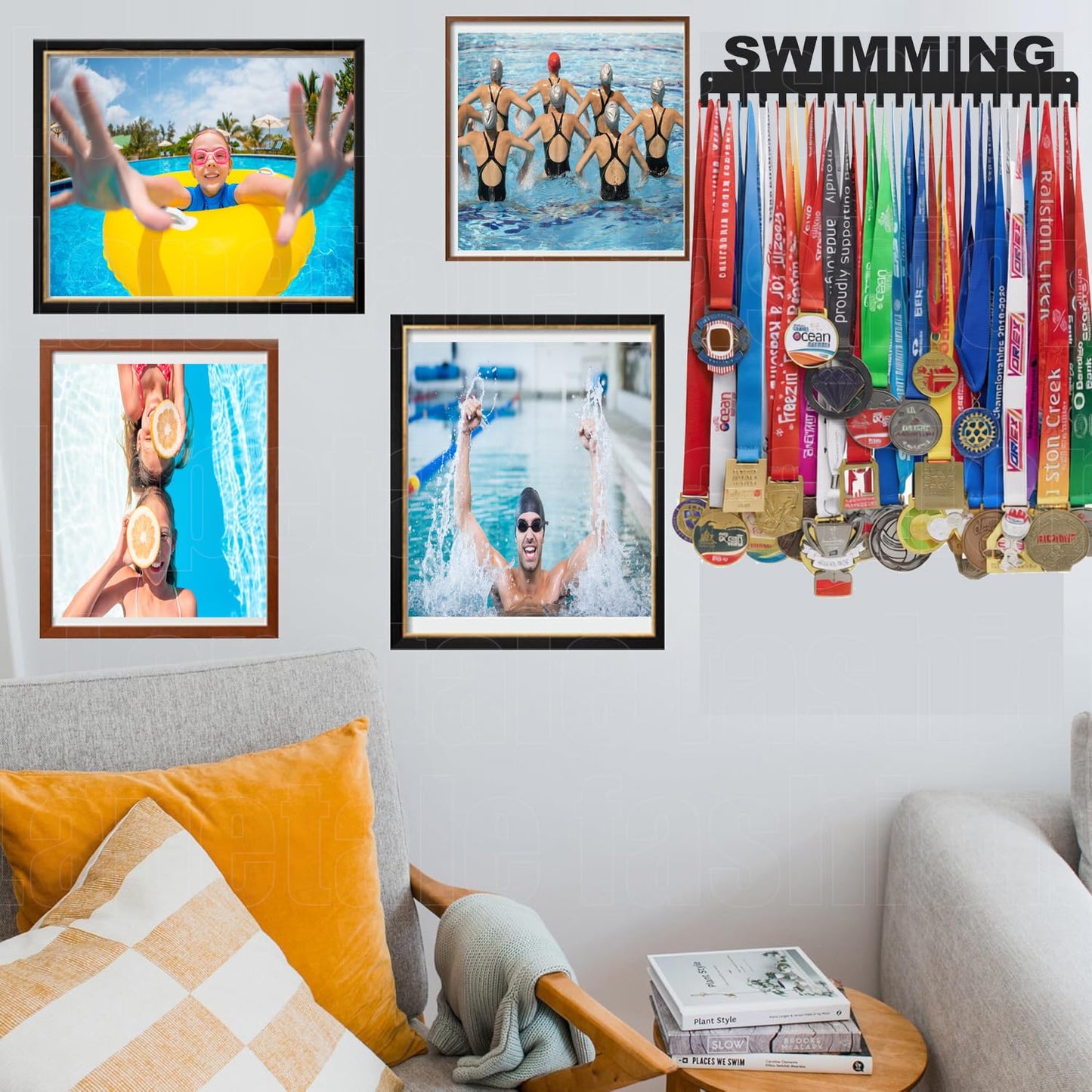 Lapetale Fashion Swimming Medal Hanger Display Medal Holder Hanger Display Rack Frame with 20PCS Hanging Hooks Upgraded Extension Hooks Easy Install Easy to Use Swimming Medal Display Rack
