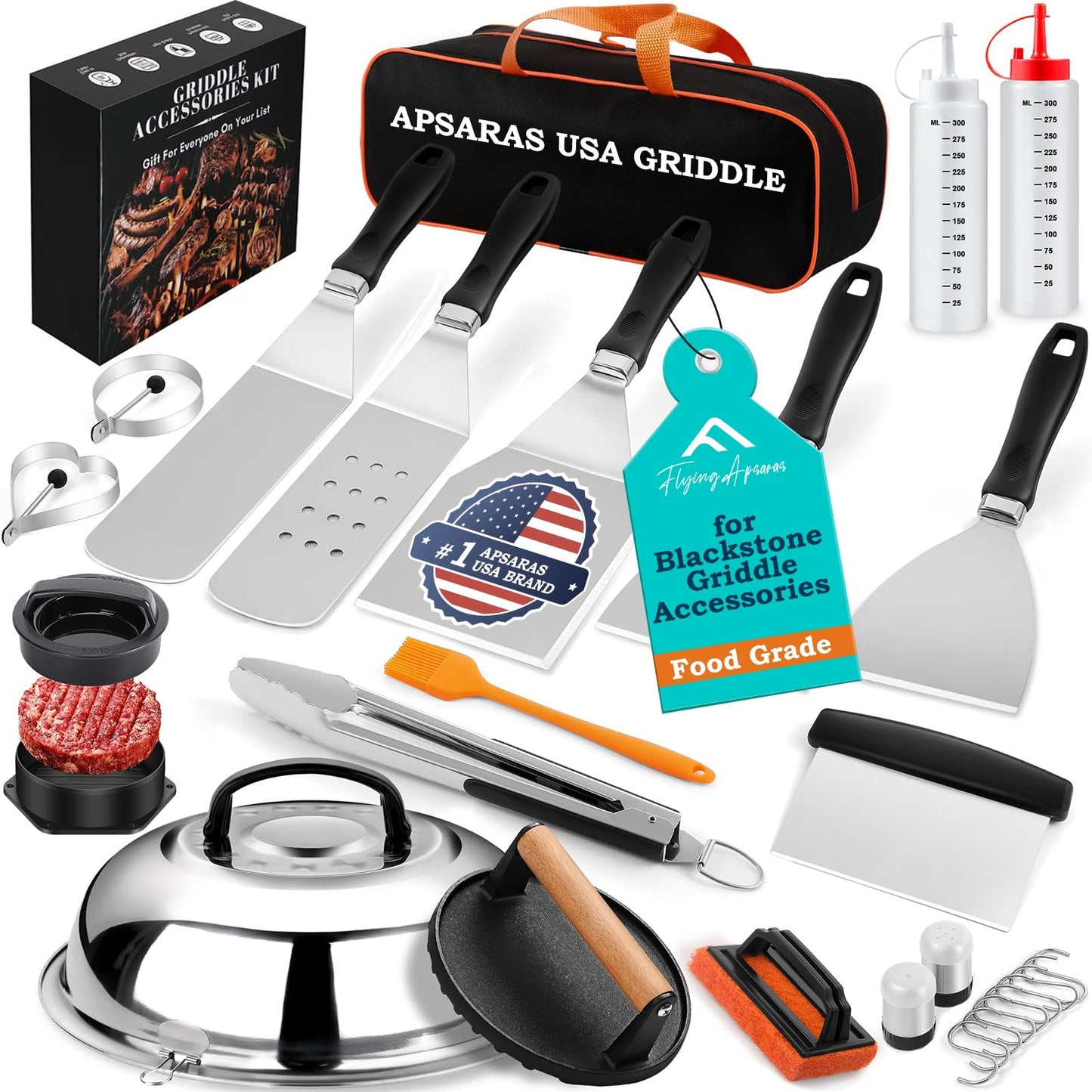APSARAS USA 27pcs Griddle Accessories Kit for Blackstone, Grilling Accessories,Hibachi Enlarged Spatula Gift Set with Basting Cover,Flat Top Grill Accessories, Burger Press Patty Maker,Storage Bag