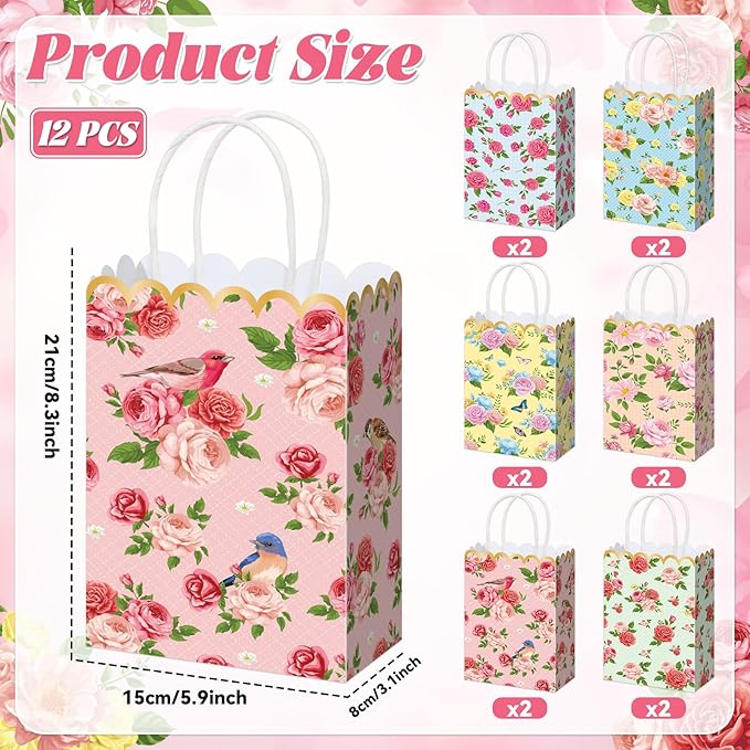 Vintage Floral Gift Bags Bulk Tea Party Favors Flower Tea Party Goodie Bags Treat Candy Bag Spring Wildflower Birthday Favors Decoration for Princess Birthday Wedding Garden Bridal Shower 12Pcs
