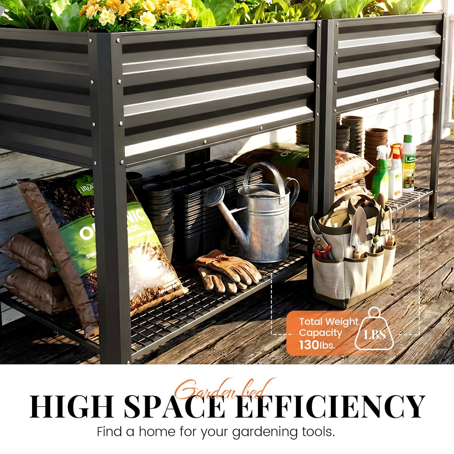 KING BIRD Large Raised Garden Bed with Legs & Storage Shelf Galvanized Elevated Planter Box for Backyard, Patio, Balcony, 600lb Capacity, Dark Grey 70.9x22.8x31.5 in