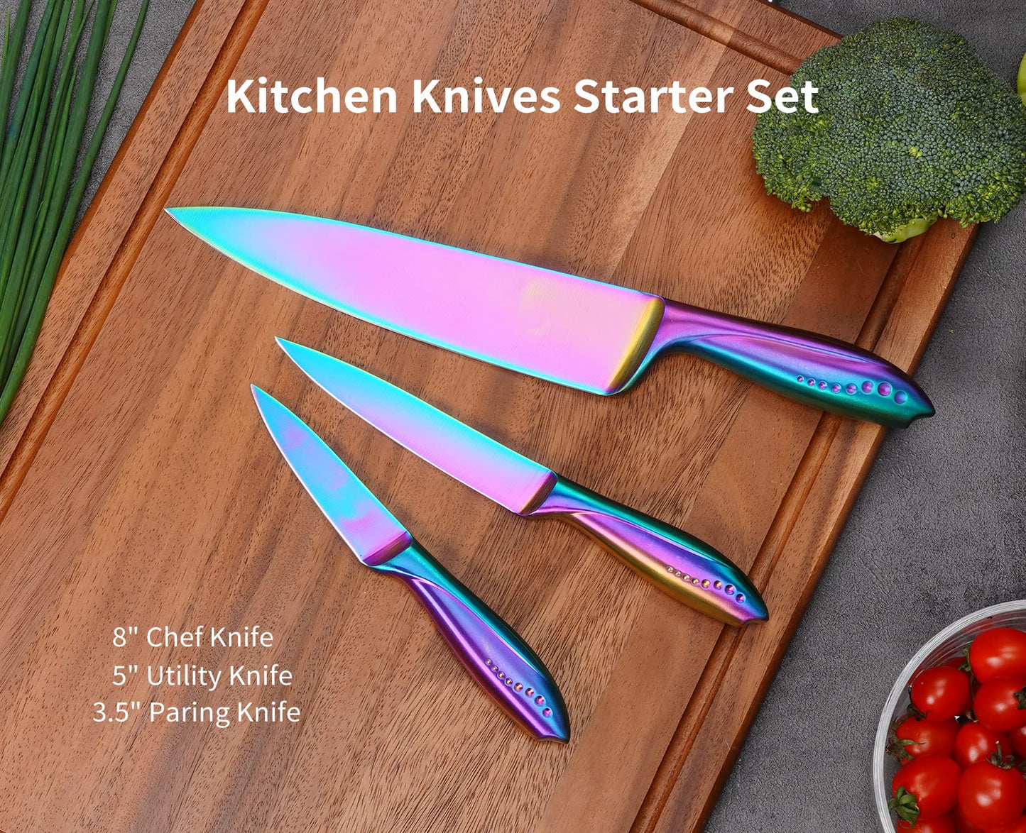 Hollory Rainbow Kitchen Knife Set 3 Piece, Razor Sharp German Stainless Steel Blade with 8 in Chef, 5 in Utility, 3.5 in Paring – Starter Set with Gift Box