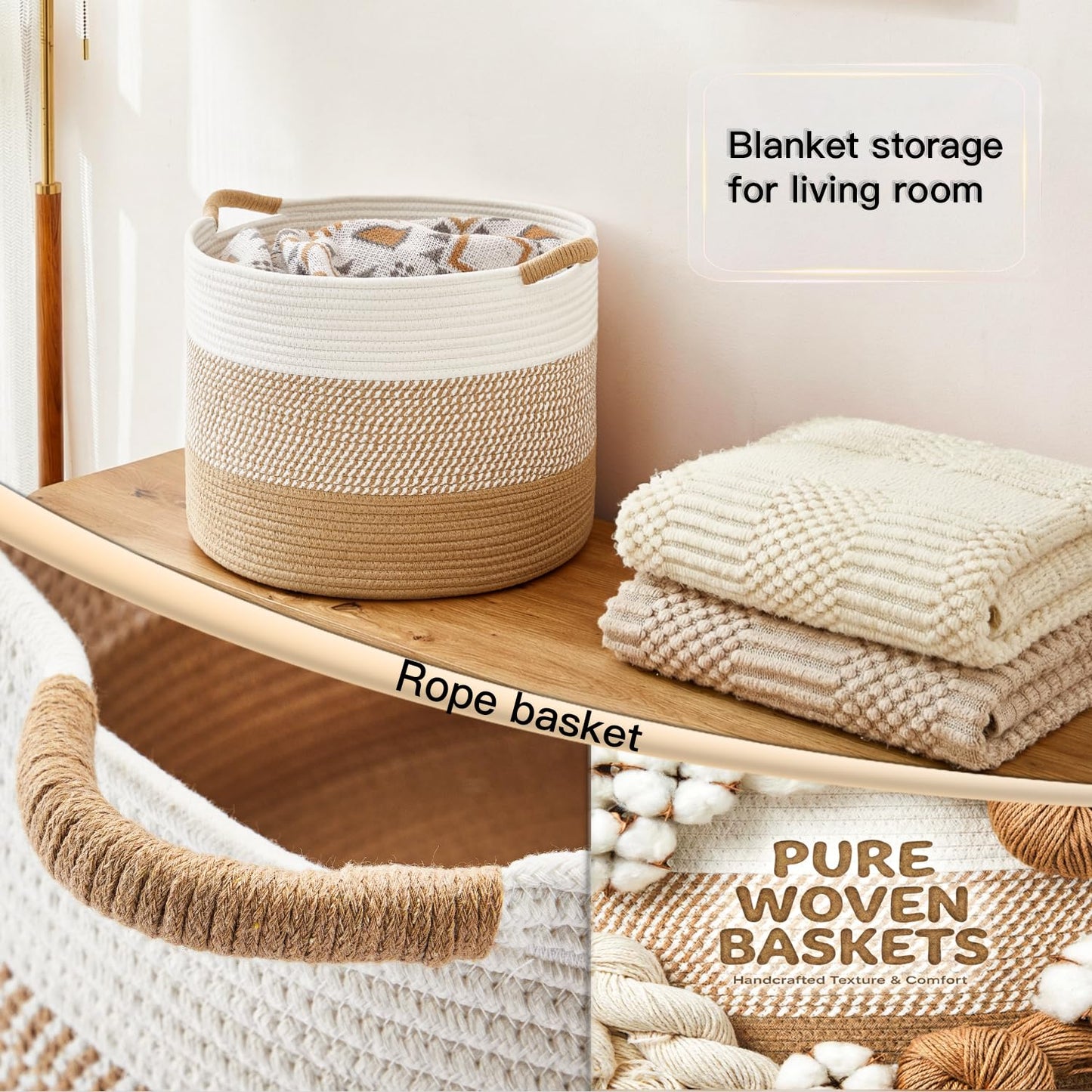 Artfeel 70L Large Cotton Rope Basket, Decorative Woven Blanket Storage for Living Room, Boho Toy Storage & Toy Box for Kids, Versatile Laundry Basket & Nursery Hamper for Blankets(Brown)