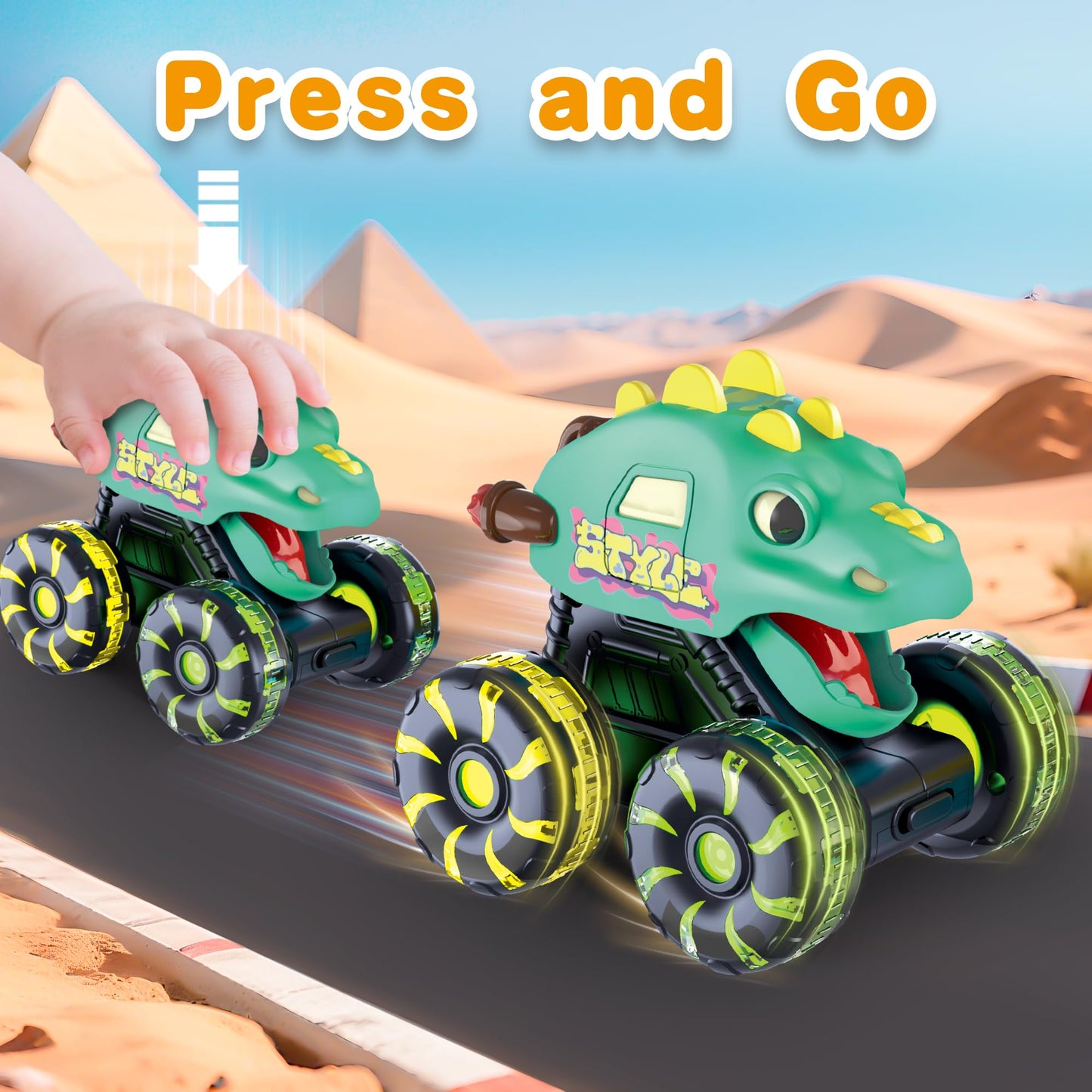 OMAKCOO 3 Pack Dinosaur Monster Truck Toys with Light-Up LED Wheels for Toddlers Kids