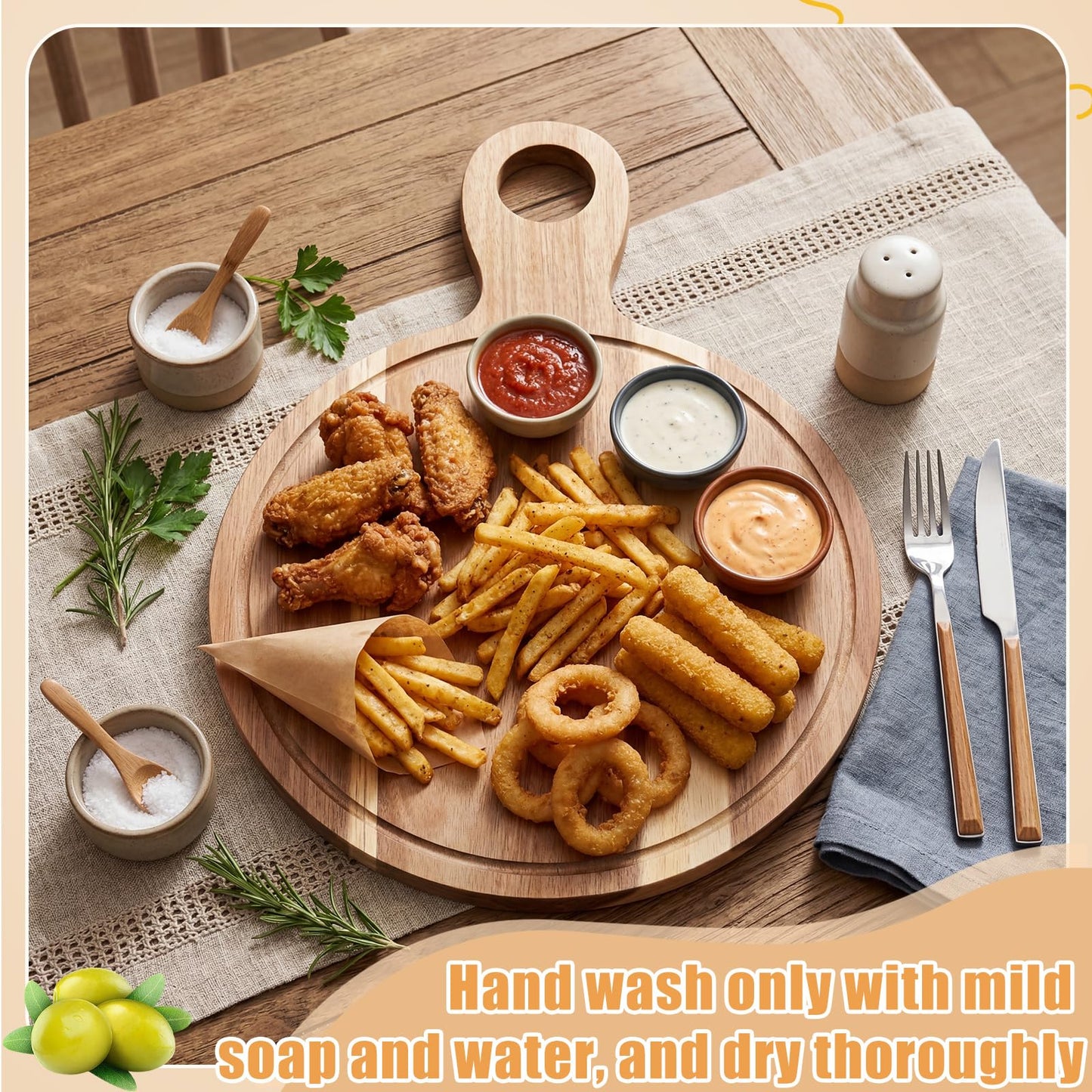 Yiyiring 10 Pcs Acacia Wood Cutting Board with Handle Bulk 15.8 x 11.4'' Round Charcuterie Chopping Board for Pizza Cheese Meat Decorative Natural Wooden Serving Tray for Kitchen and Dining Room