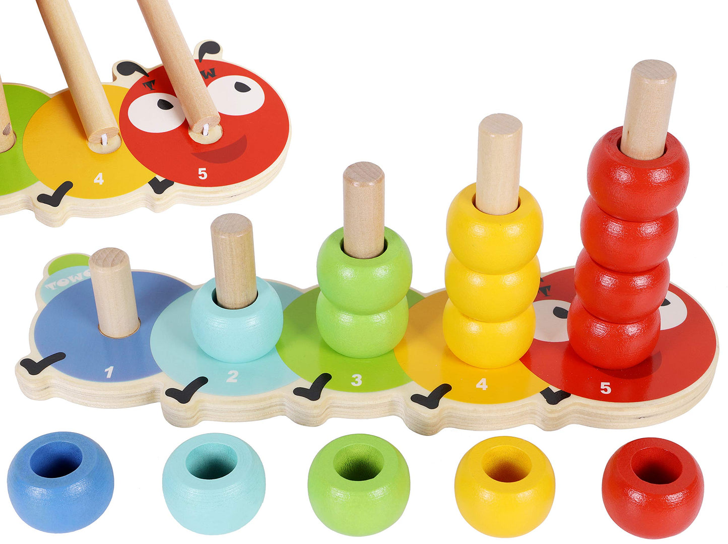 TOWO Wooden Stacking Rings Baby –Lovely Caterpillar Counting Game - Colour Sorting Puzzle - 5 Pegs Ring Stacker - Counting Rings Early Learning Wooden Toys for 1 Year Old Gift First Birthday Boy Girl