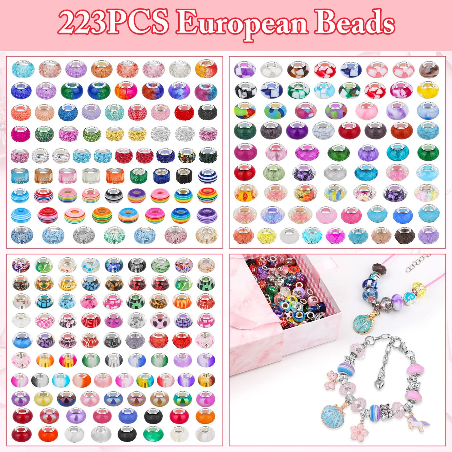 Cludoo Large Hole Glass Beads for Jewelry Making, 224PCS European Beads Bulk Mixed Color Spacer Bead with Rhinestones Lampwork Beads for DIY Craft Charms Bracelet Necklace Earring Making