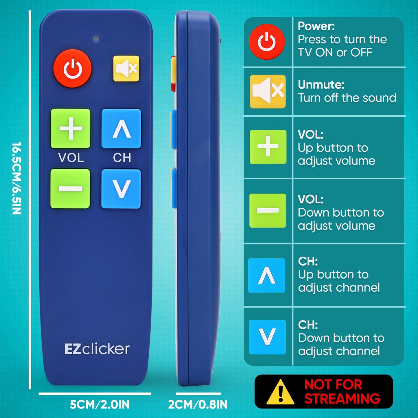 EZclicker TV Remote for Seniors, Extra Simple Big Button Remote (Blue) Works with Major TV Brands, NOT for Streaming (2xAAA Batteries Not Included)