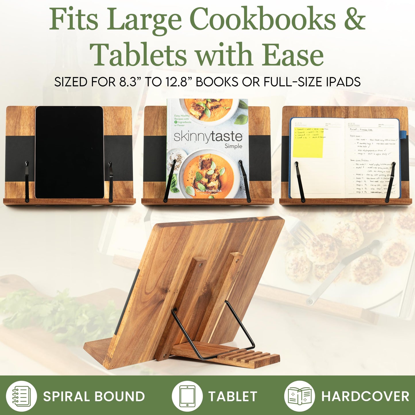 Cookbook Stand for Kitchen Counter – Adjustable Wood Book Holder with Resin Accent, Rustic Recipe Book Stand with Secure Page Grips, Compatible with Cookbooks & Tablets