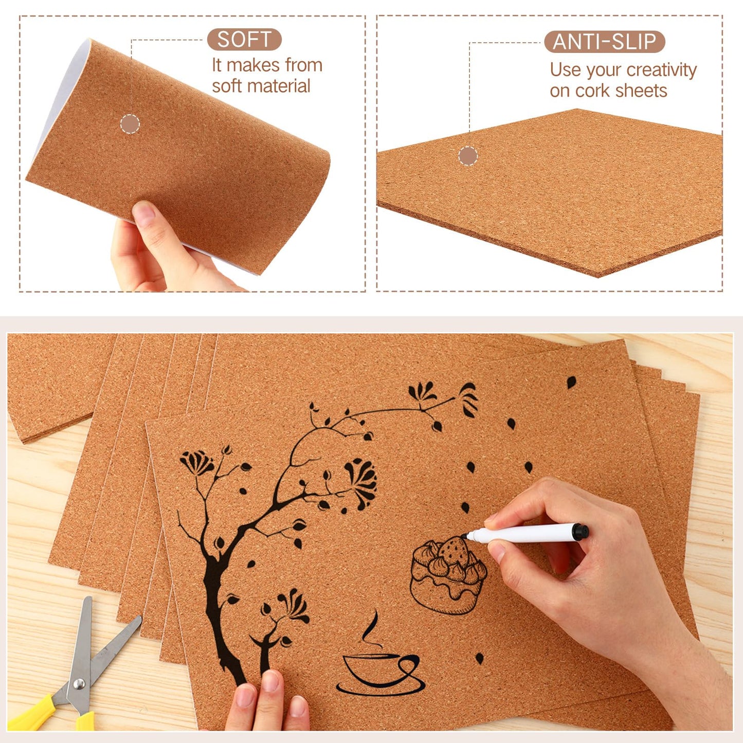 RattanView 16 Pcs Self Adhesive A4 Cork Sheets 8.3" x 11.8" Thick Rectangle Insulation Cork Backing Sheets for DIY Crafts Supplies, Wall Decoration (1 mm)