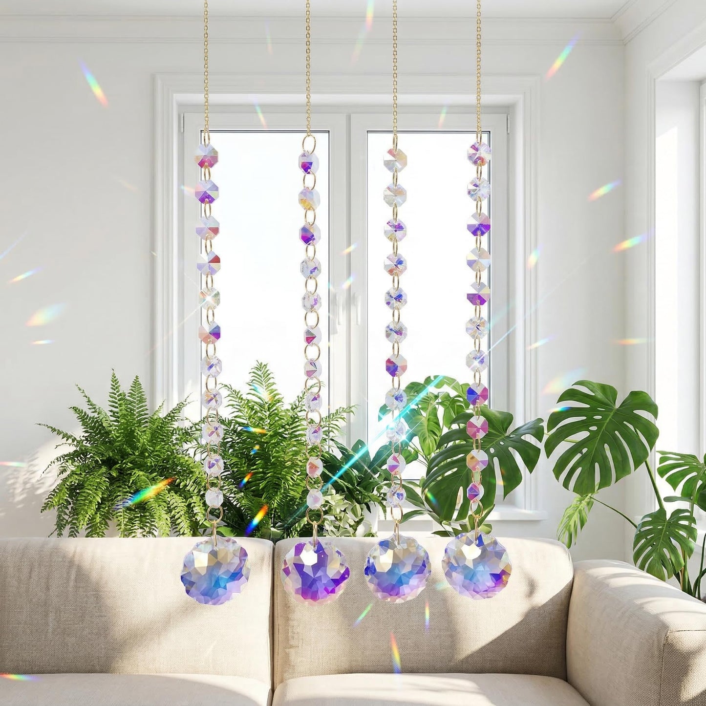 4Pcs Sun Catcher Crystals for Window Hanging, 18.1Inch Prism Suncatcher Rainbow Maker Crystals for Home Garden Decor Lamp Chandelier Lamp Prisms Wedding Party Xmas Gift