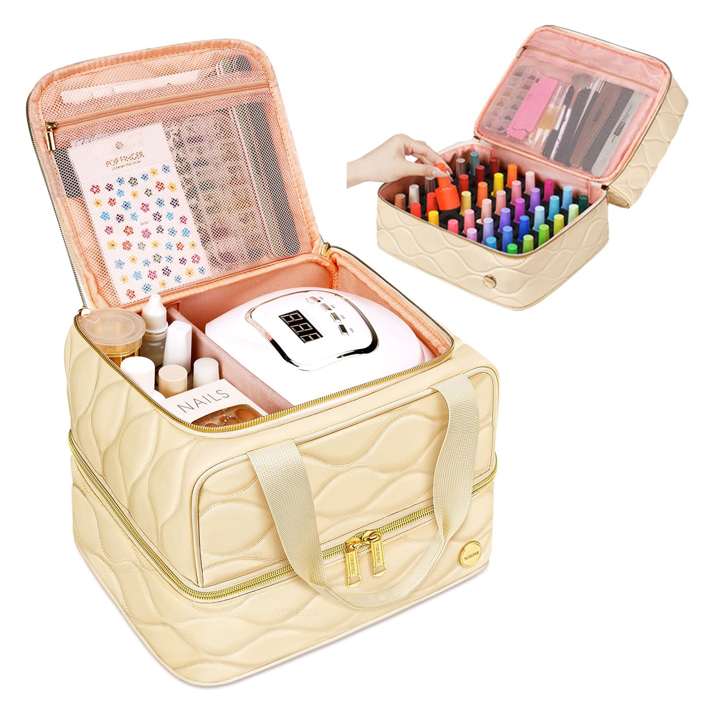 YOREPEK Nail Polish Organizer Case Holds 42+ Bottles (15ml/0.5 fl.oz), 2-Layer Nail Kit Bag with Compartments for Nail Supplies, UV Lamp, Nail Tech Organizers and Storage for Manicure Tools, Beige