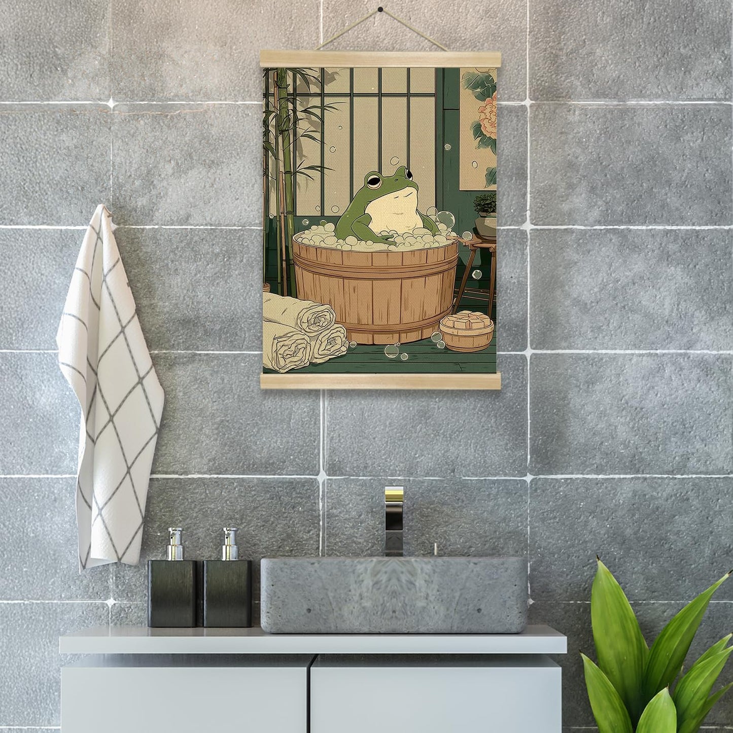 Relaxing Frog BathWall Art Decor Poster 18.5x14 Inch, Cute Animal Bathroom Linen Canvas Print, Japanese Style Bathroom Humor Soaking Frog Artwork for Restroom, Spa or Home Wall Decor(Green-Flog)