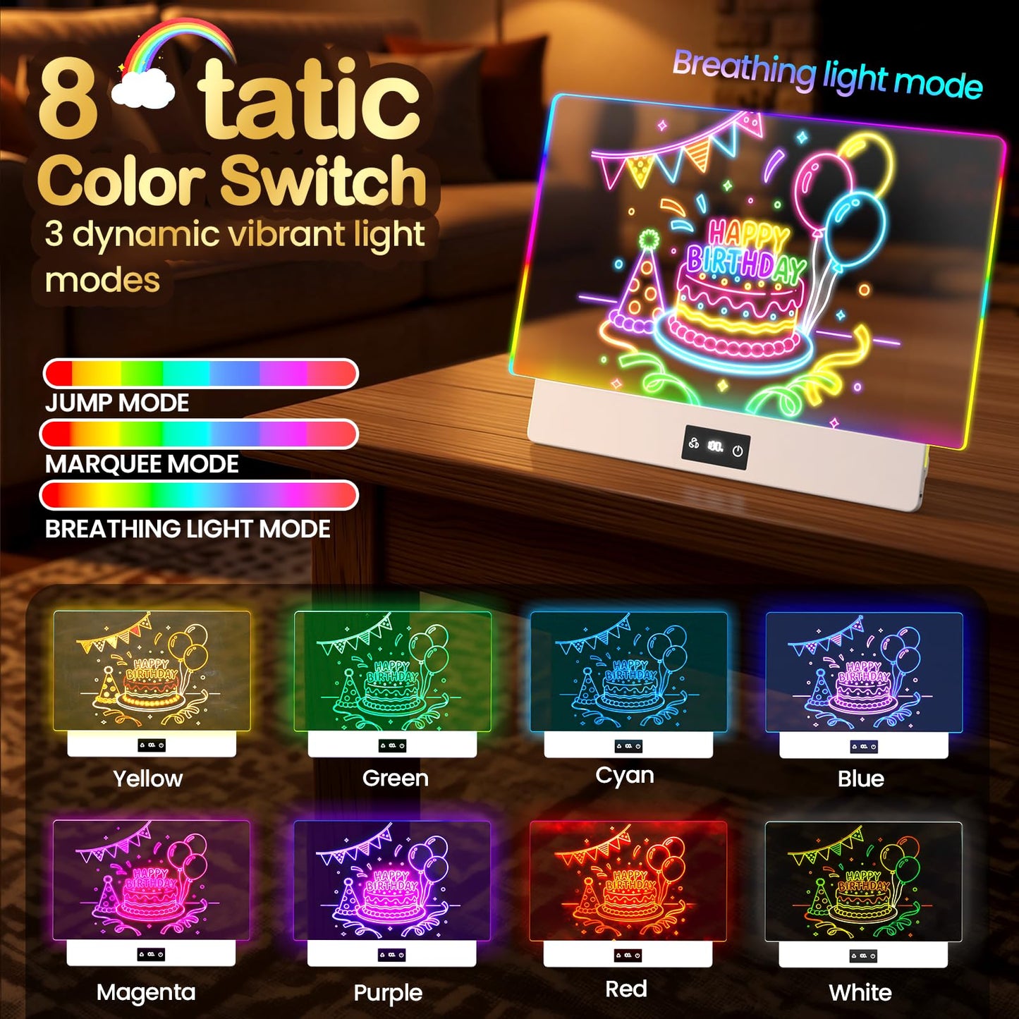 TAEMVV LED Drawing Board for Kids, 16-Inch Rechargeable Light Up Dry Erase Board with 8 Colors, 3 Dynamic Modes, 6-Level Dimmer, 15H Battery, Built-in Stand & Full Kit Clear Milky White