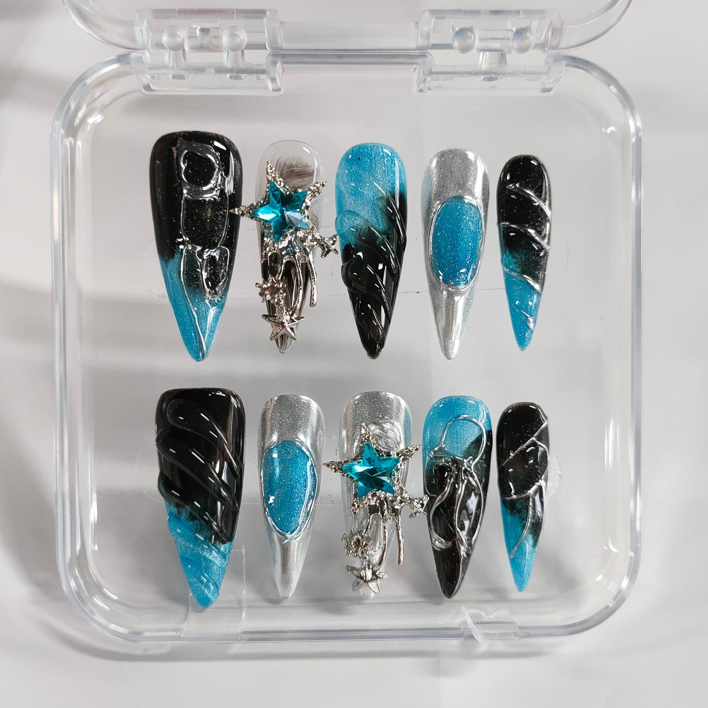 3D Stiletto Press on Nails Long Handmade Nails Y2K Thick Acrylic Fake Nails Black&Blue False Nails with Stars Silver Curve Line Rhinestones Designs Sturdy Nail Art Press on Nails 10Pcs(S)