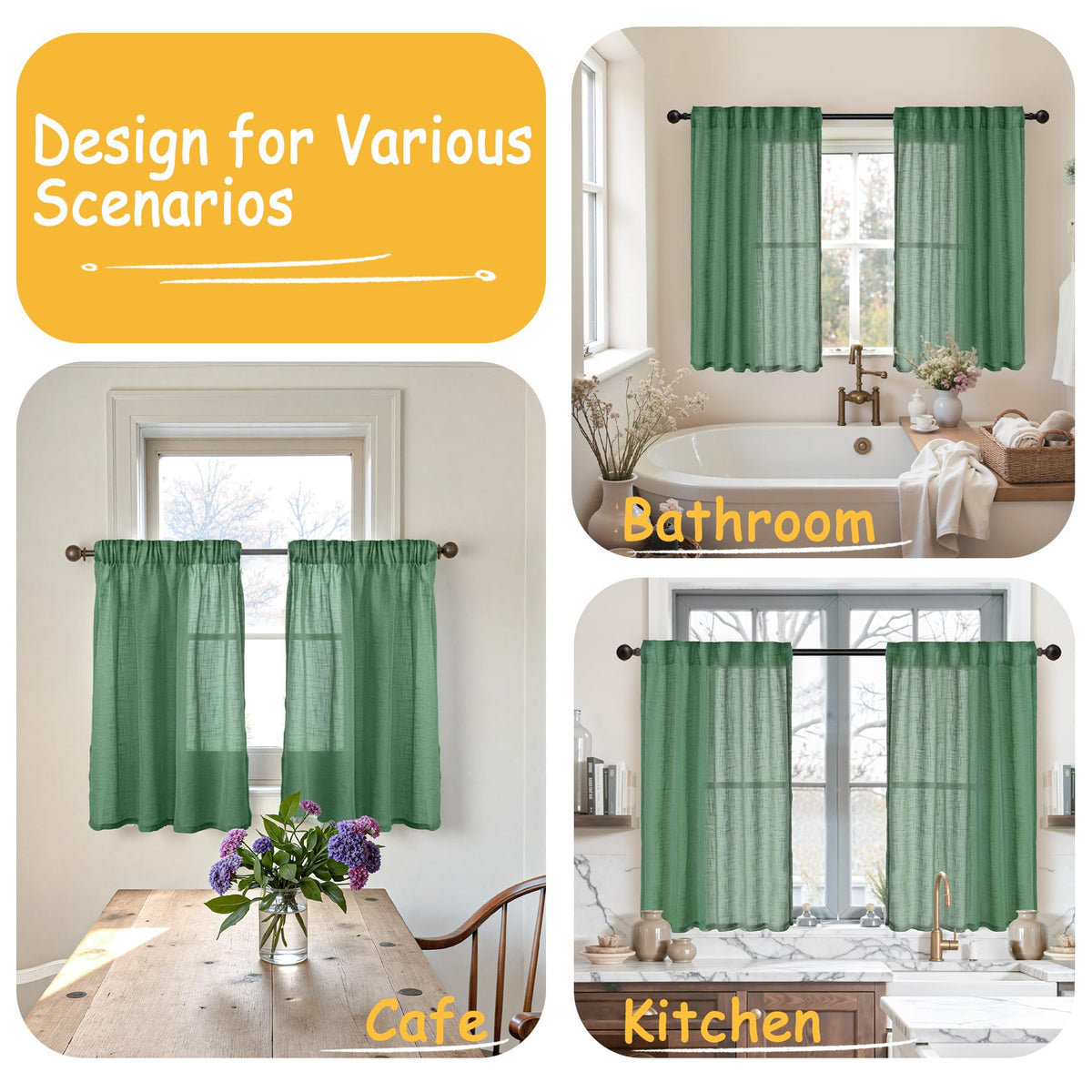 Green Linen Kitchen Window Curtains 40 Inch Length (2 Count)