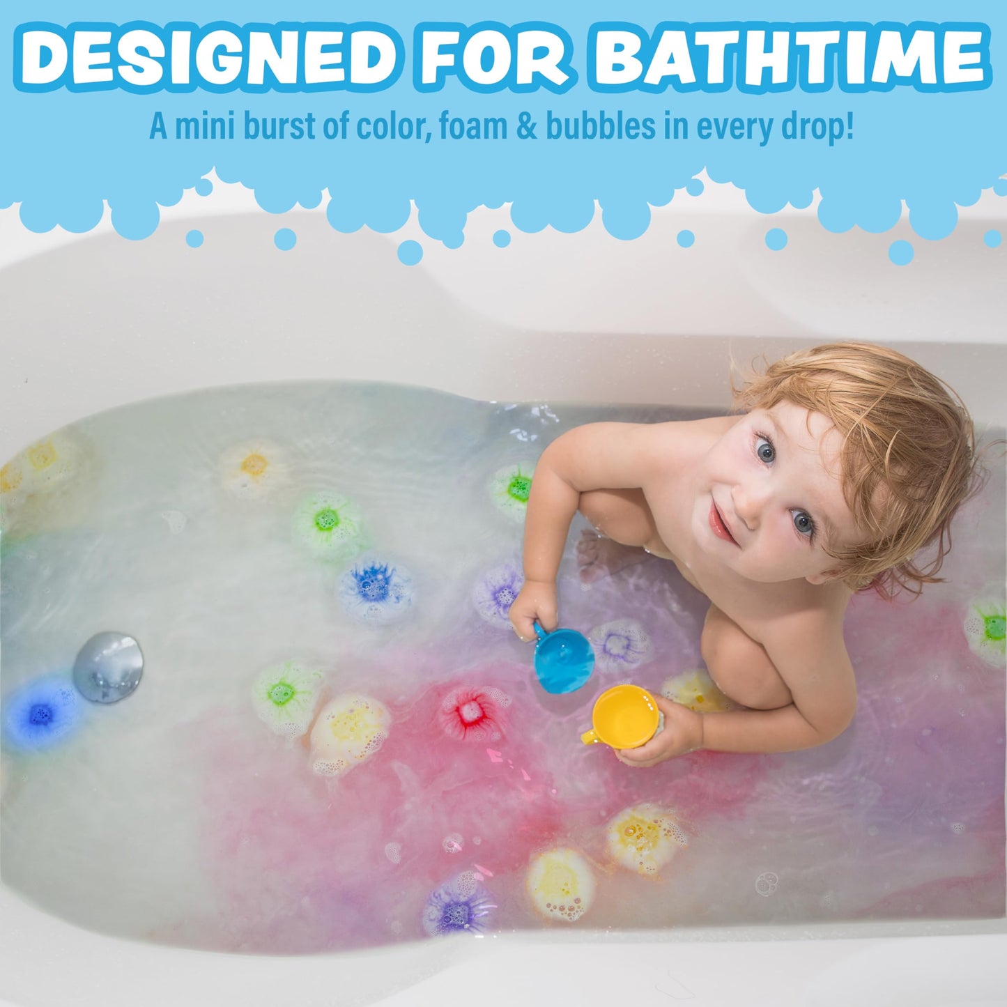 Tub Works® Lil' Bursts™ Mini Bath Bombs for Kids, 90 Count, Rainbow | Nontoxic | Tiny Kids Bath Bombs with A Burst of Color, Foam & Bubbles | Customize Toddler Bath with 7 Colors | Make Bathtub Art