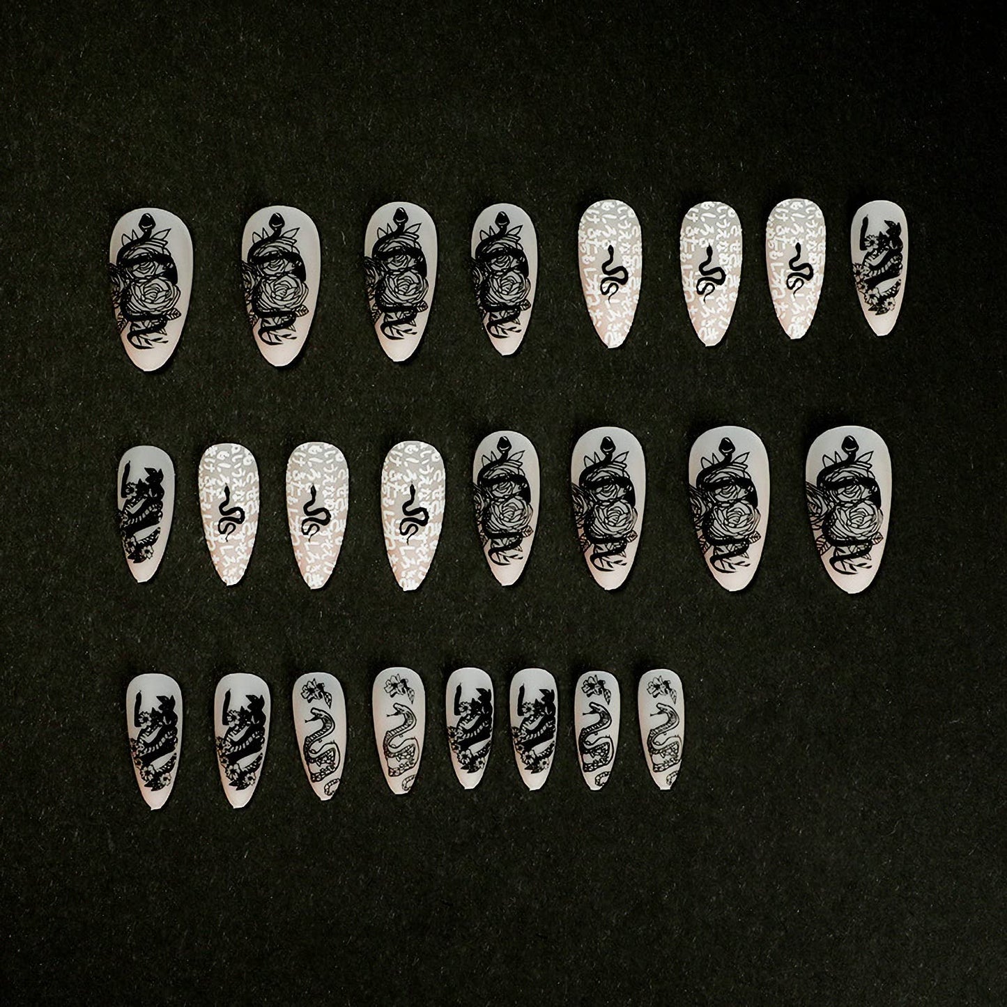 IMSOHOT Almond Press on Nails Medium Matte Nude Fake Nails Full Cover Acrylic False Nails with Black Rose Snake Designs Glue on Nails 24pcs