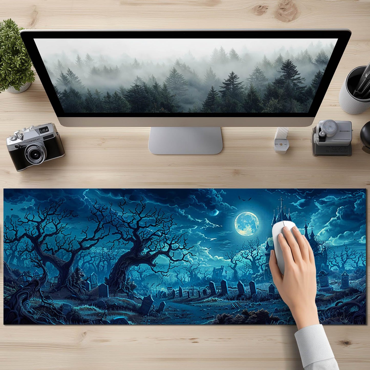 HOMETITUTE Large Mouse Pad 31.5x11.8 Inch Gaming Mousepad Moonlit Graveyard Night Art Non-Slip Keyboard Desktop Protector Mat XL Mouse Pad for Home Office Laptop Wireless Mice Accessories