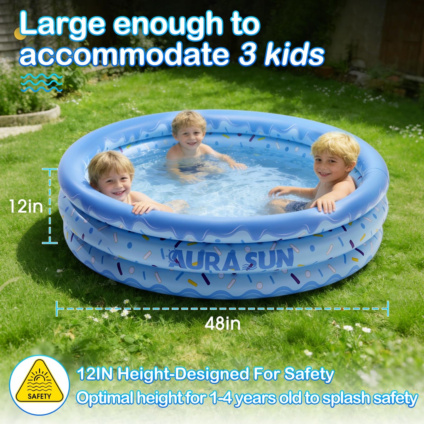 Inflatable Baby Pool Small Kiddie Swimming Pool, 3 Rings Round Pad Pool for Kids & Toddler, 48"X12" Portable Indoor Ball Pit Toys, Outdoor Water Play for Girl/Boy (Blue)