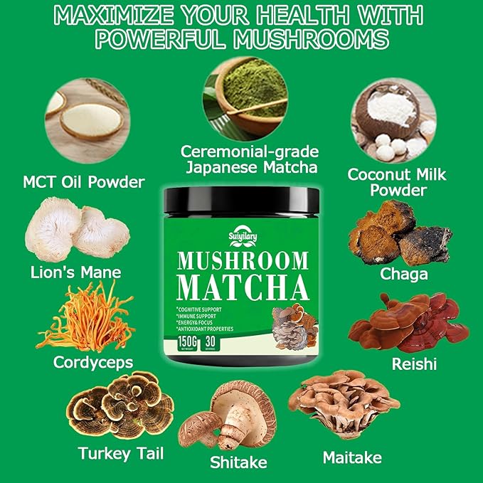 Mushroom Matcha, Ceremonial Matcha Tea Powder with 7 Superfood Mushrooms, Gluten Free, Taste Great Hot or Cold Matcha Latter - 150g 30 Serving