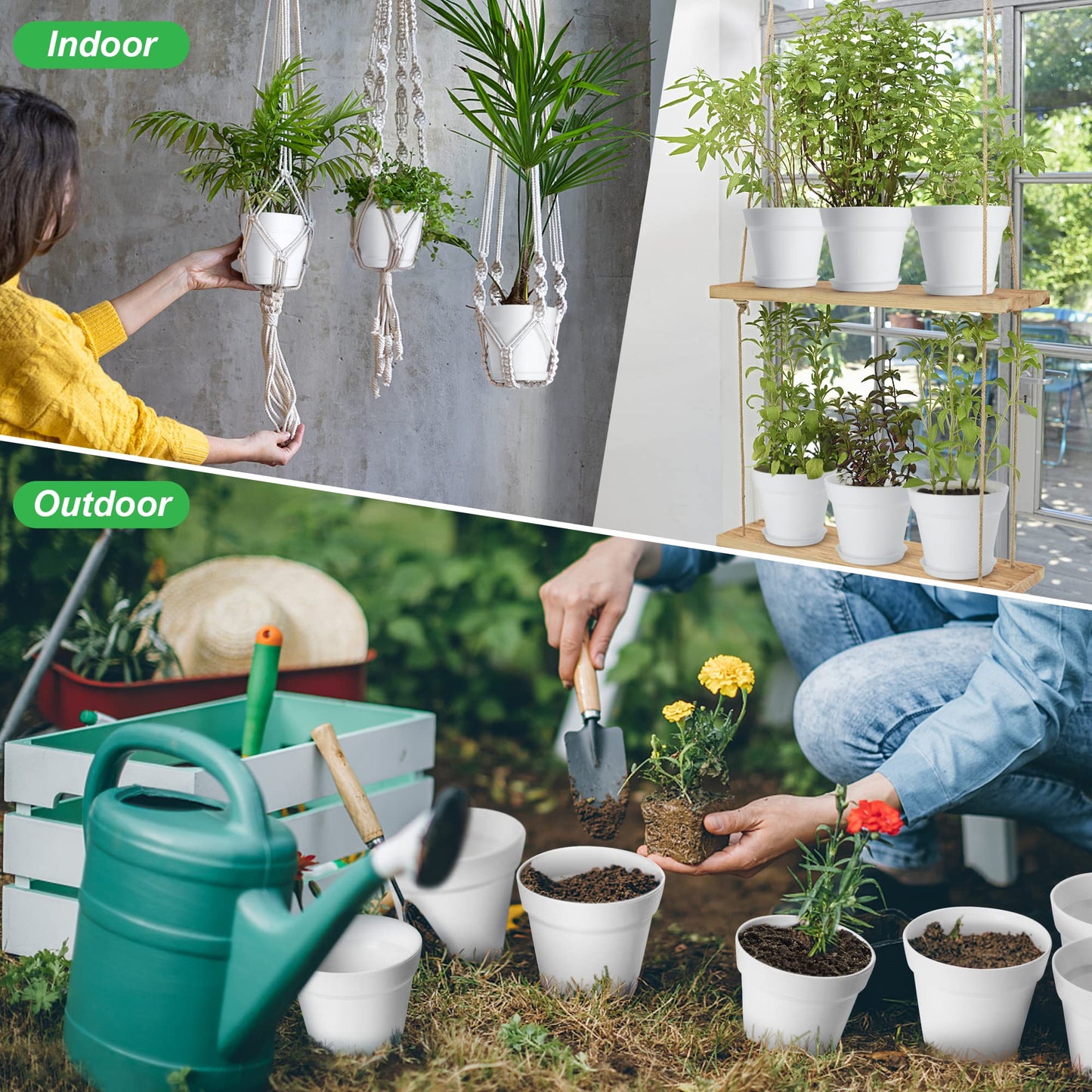 FHWTY 16 Pack Plastic Plant Pots BK & 16 Pack Plastic Plant Pots WH