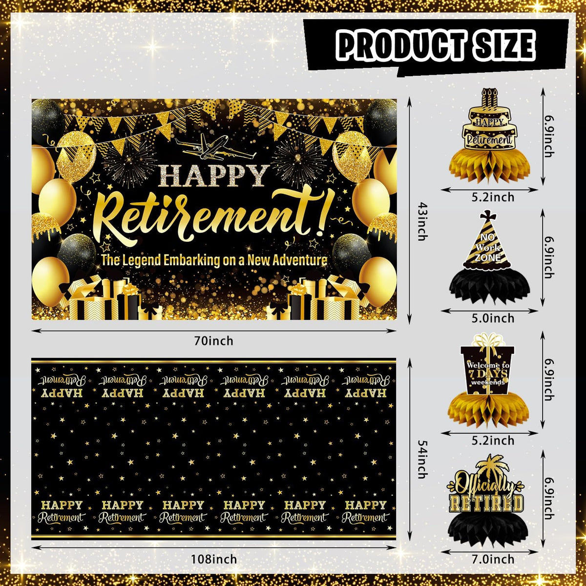 Mpanwen Retirement Party Decorations, 78 Pcs Gold Black Happy Retirement Men Party Decor Supplies for Women Men with Backdrop, Banner, Tablecloth, Centerpieces, Hanging Swirls, Sash, Hat, Wall Signs