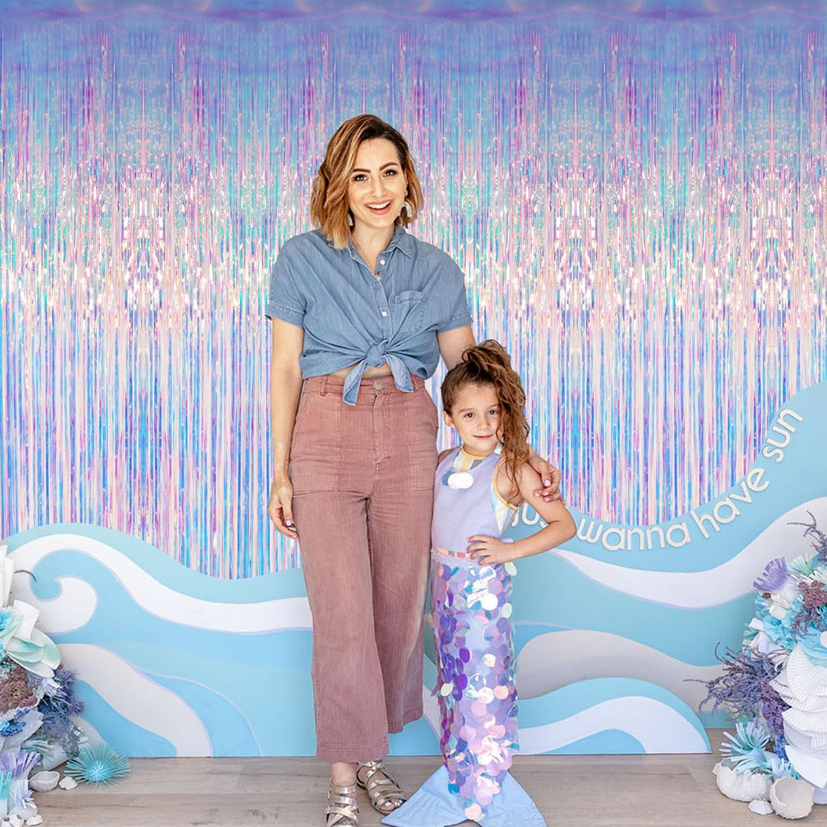 GOER 3.2 ft x 6.5 ft Metallic Tinsel Foil Fringe Curtains Photo Backdrop Party Streamers for Mermaid Birthday Party Decorations(3 Packs,Neon Blue)