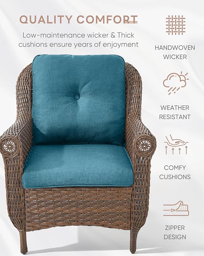 3 Piece Patio Brown Wicker Chairs with Side Table - Outdoor High Back Heavy Duty All-Weather Lawn Dining Rattan Chair Conversation Bistro Set for Deck Porch Balcony Garden - Peacock Blue