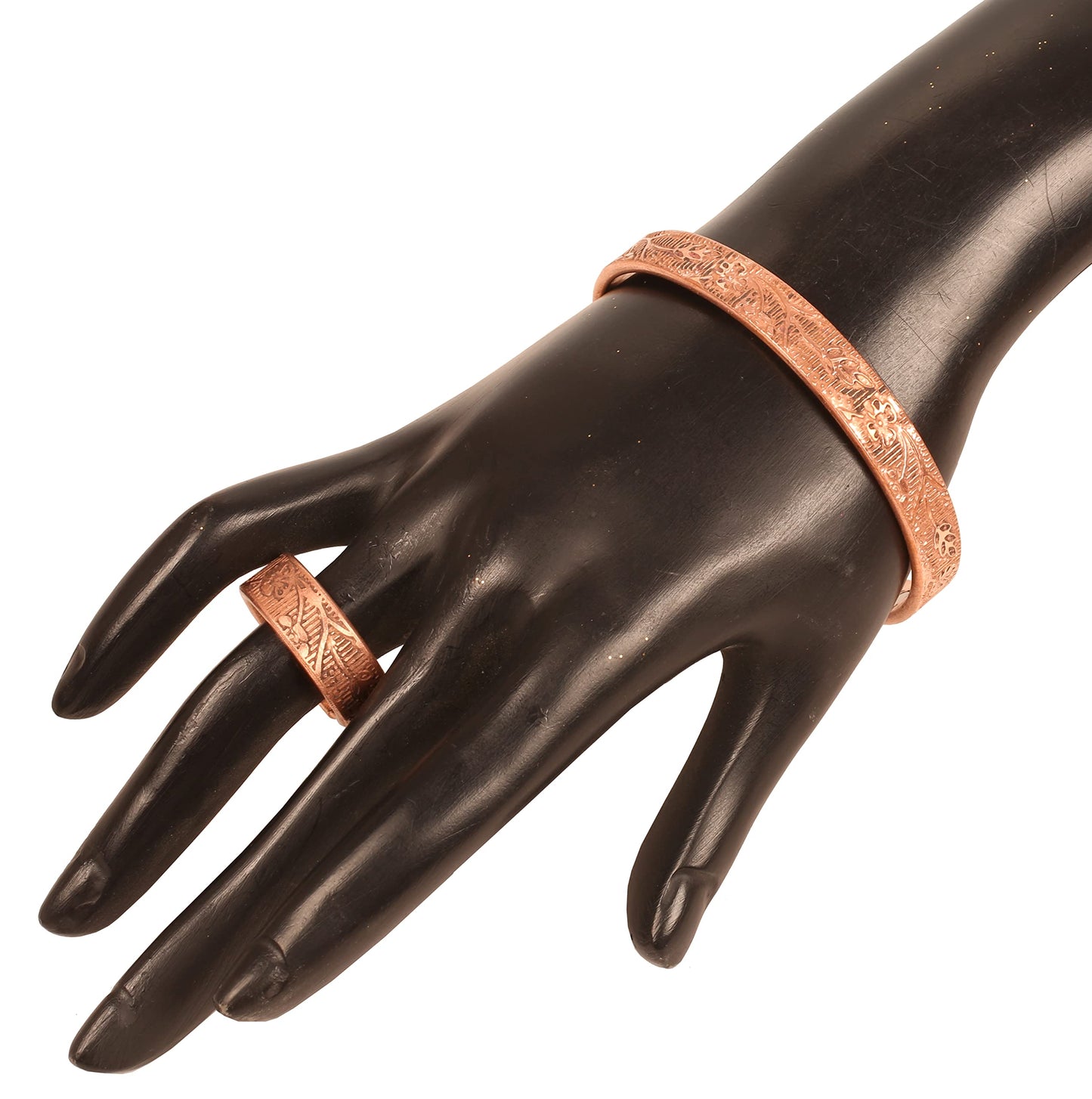 Touchstone Copper Magnetic Hand Forged With Solid And High Gauge Engraved Petals Pattern Minimalistic Elegance Pure Copper Bracelet And Matching Ring In Natural Tone.