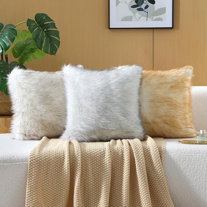 FUTEI Black White Decorative Throw Pillow Covers 16x16 Inch Set of 2,Soft Fluffy Faux Fox Fur Textured Cushion Case,Modern Home Decor for Couch Living Room