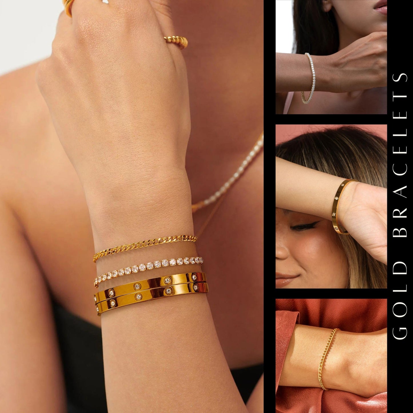 Kainier 14K Gold Plated Bracelets Sets for Women 4pcs Love Bangle Bracelet Cubic Zirconia Tennis Cuban Chain Stacking Gift for Love