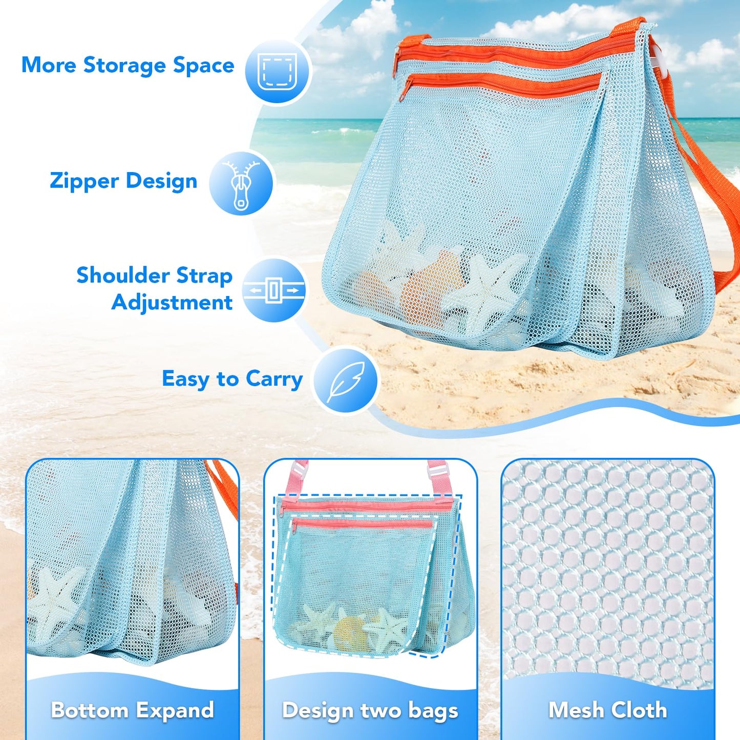LIDAGO 5 Pcs Sand Toys Beach Set Include 1 Metal Shovel,1 Metal Rake,1 Foldable Beach Bucket & 1 Sand Sifter with 1 Mesh Beach Bag for Shells Collecting