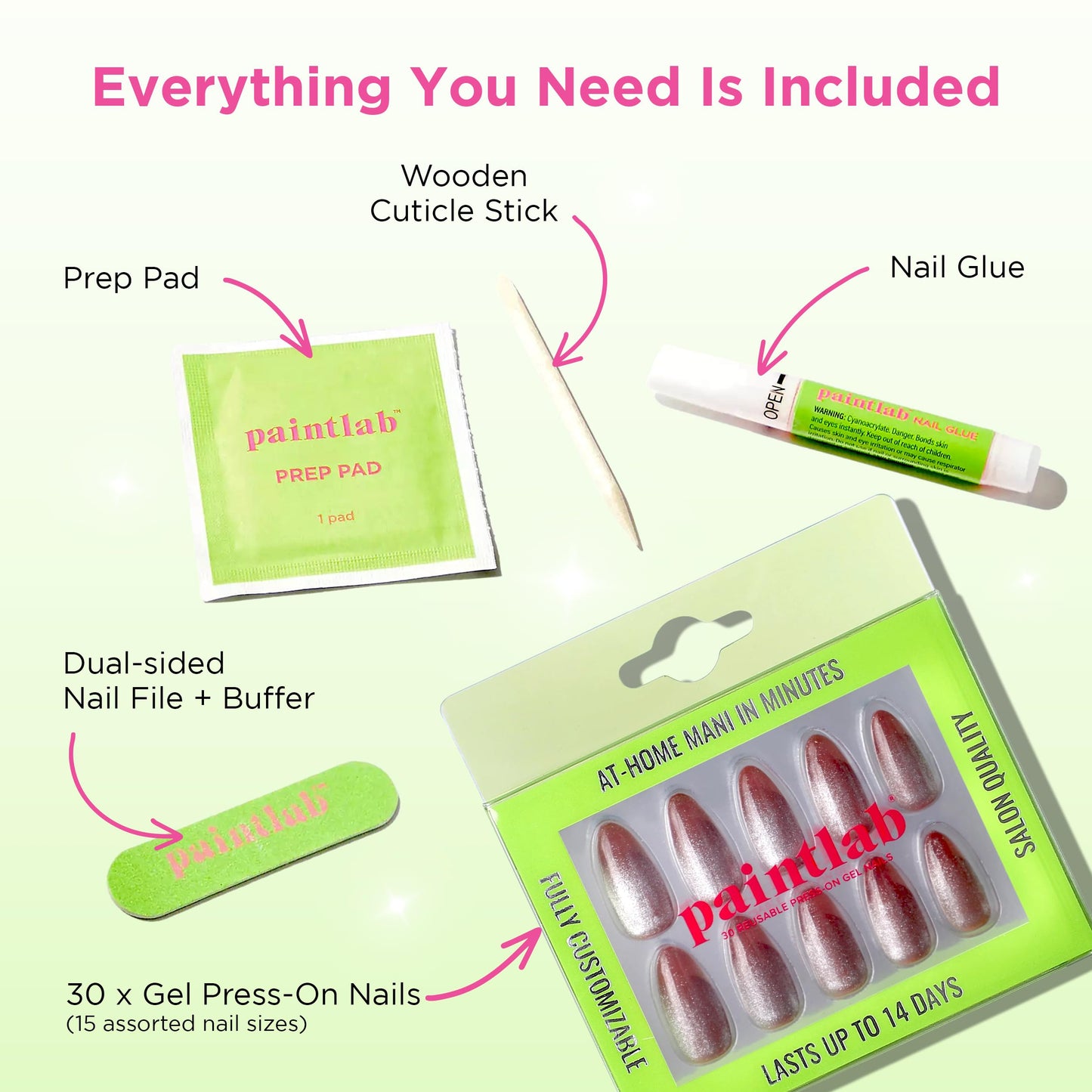 PaintLab Press On Nails - Rose Gold Cat Eye Brown Almond Fake Nails, 30 Nails in 15 Sizes with Glue, Reusable Salon Quality Press On Nails