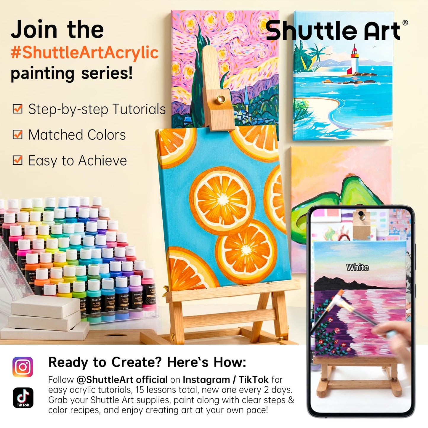 Shuttle Art Acrylic Paint, 36 Colors Acrylic Paint Set with Brushes & Palette, 2oz/60ml Bottles, Rich Pigments Non-toxic for Artists Kids & Adults, Painting on Canvas Rocks Ceramic Wood