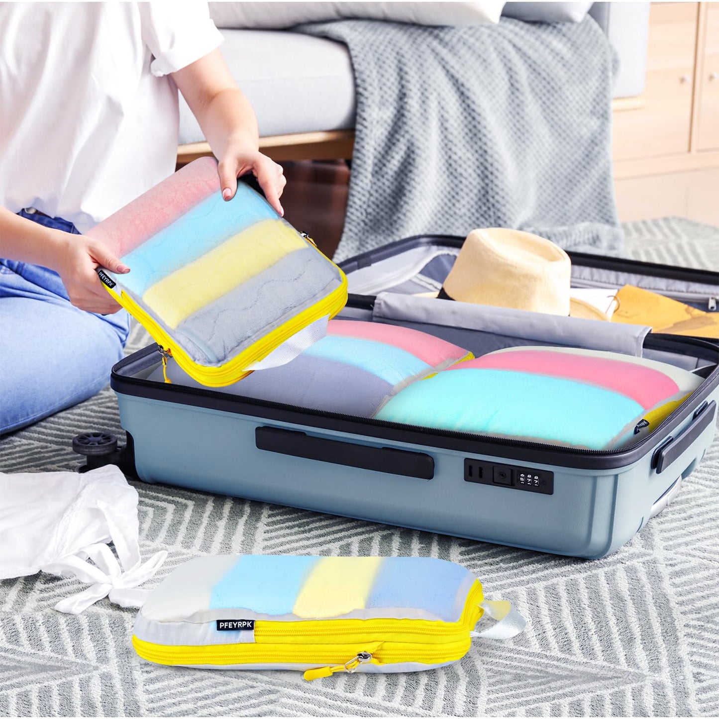 PFEYRPK Compression Packing Cubes Travel Essentials with See Through Mesh for Suitcases,Expandable Packing Organizers 7 Set with Clear Toiletries and Shoe Bag for Carry on Luggage.