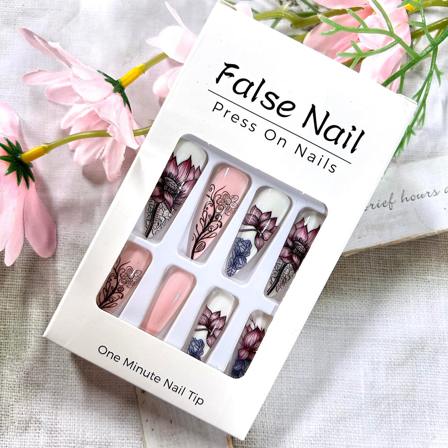 CJDLTS 24Pcs Flower Almond Tip Press on Nails Medium Length Lotus Pattern Design Full Cover Glossy Acrylic False Nail Nude Pink Artificial Stick on Nail Press Ons Blossom Glue on Nails for Women