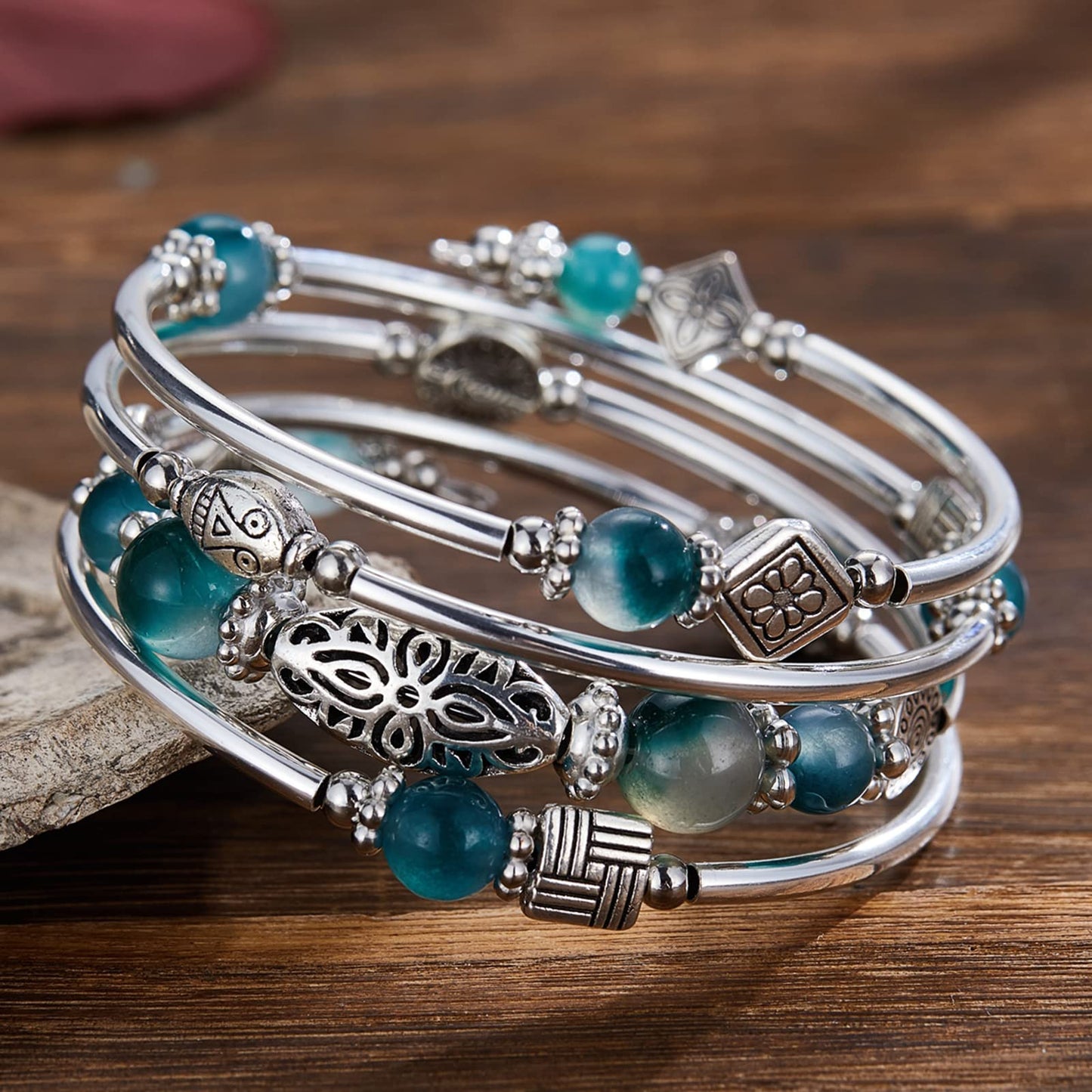 BULINLIN Layered Wrap Bangle Turquoise Bracelet - Bead Bracelet with Natural Agate Stone, Gifts For Women (03-Jade Green)